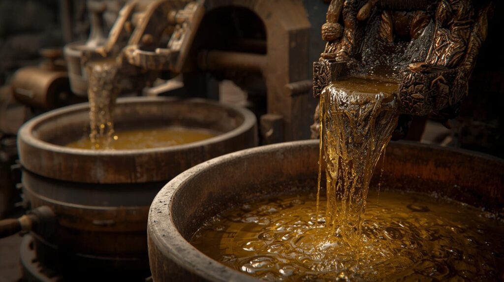 create a image with traditionl wood pressed oil setup image